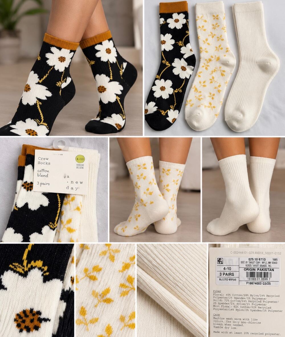 A New Day Womens Floral Crew Socks 3 Pack Cotton Blend Size 4-10 NWT